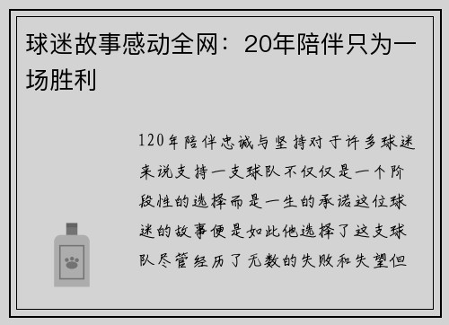 球迷故事感动全网：20年陪伴只为一场胜利